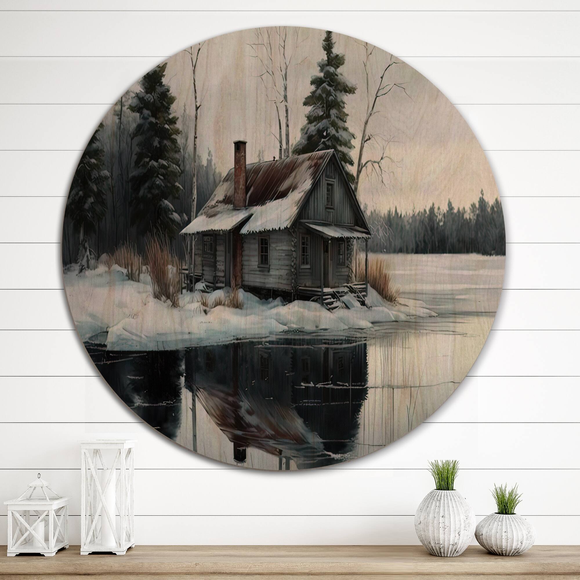Designart "Fishing House By The Lake III" Country Wood Wall Art Décor